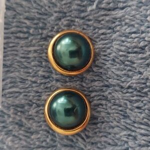 Vintage 80's Earrings Domed Green with Gold Tone posts